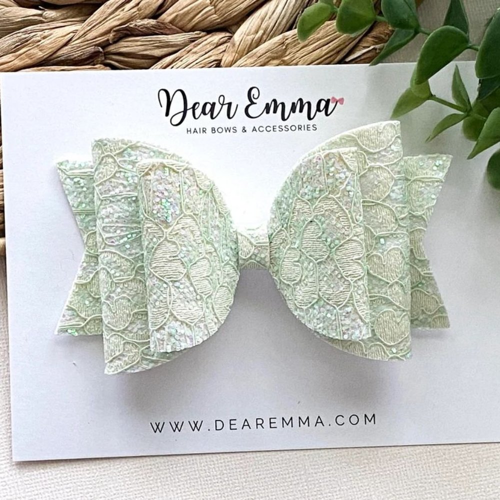 Pale Green Lace Glitter Hair Bow